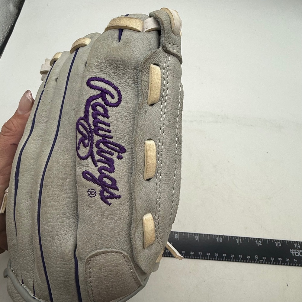 Rawlings Sure Catch 12 Inch Softball Glove Gray Purple Leather Basket-Web - Picture 11 of 16
